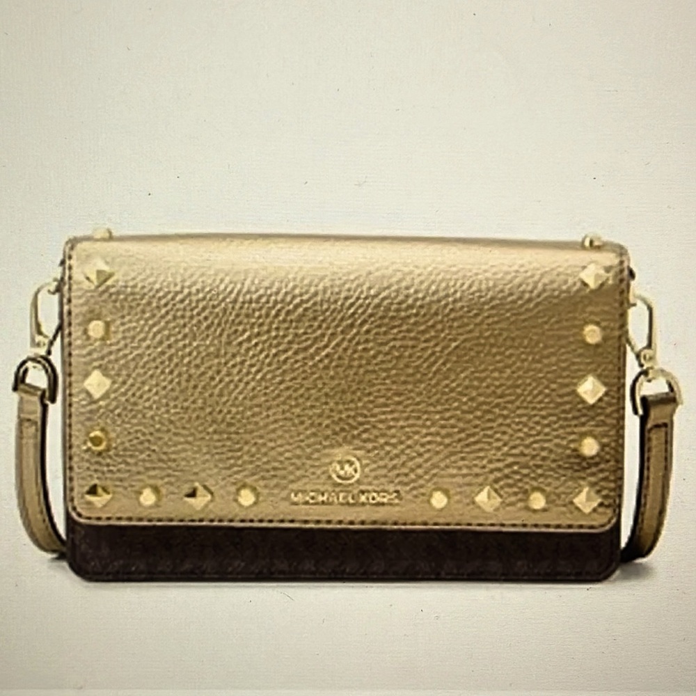 Michael Kors Jet Set studded charm Gold and Brown Phone Crossbody